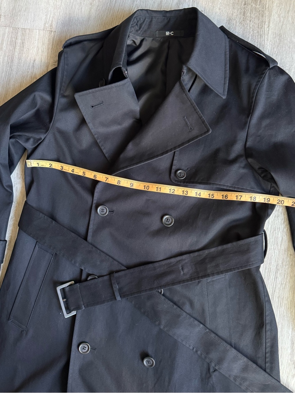 Uniqlo Black Cotton Double Breasted Structured Chic Long Trench Coat w Belt SM - Picture 12 of 13
